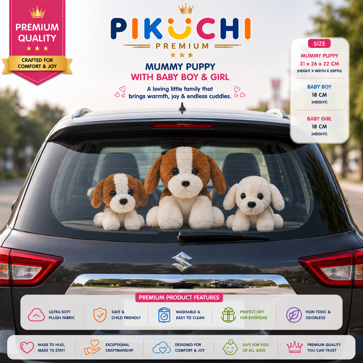 Mummy Puppy Plush Toy Set of 3, Washable Dog Family, 31x26x22cm