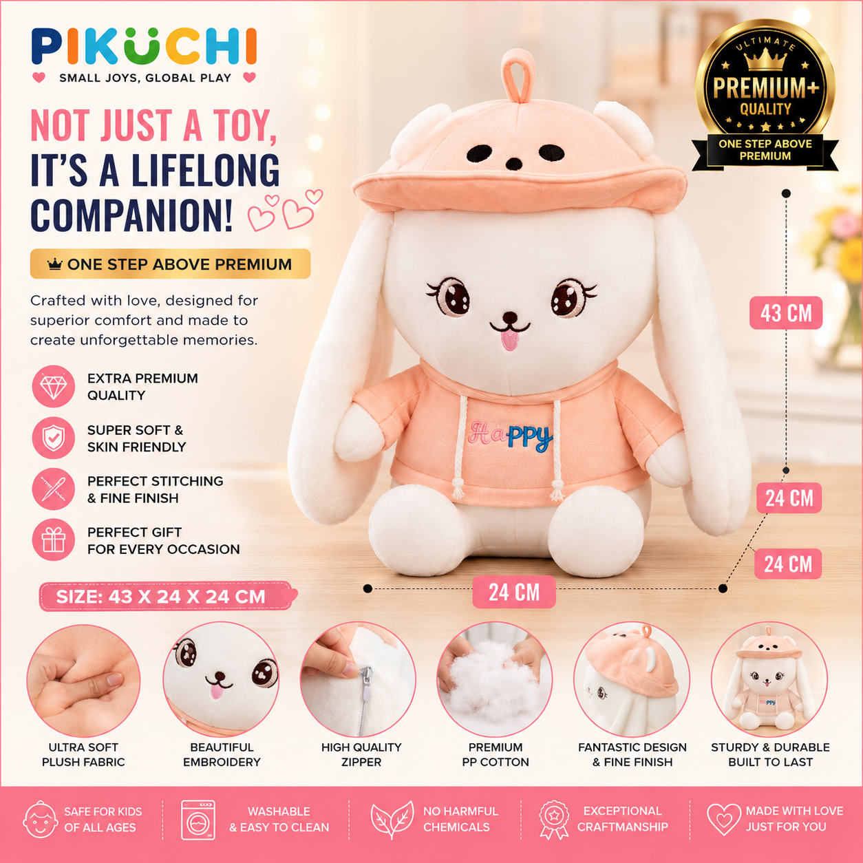 Happy Hug Bunny Plush Soft Toy, White & Orange, 43x24x24cm