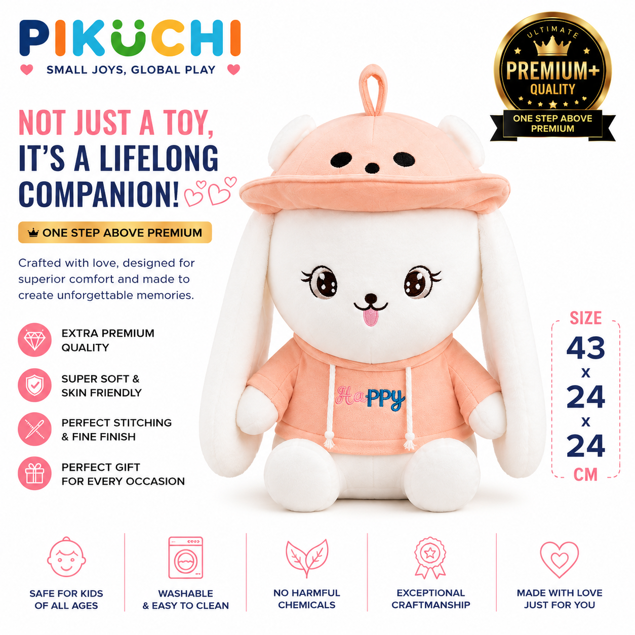 Happy Hug Bunny Plush Soft Toy, White & Orange, 43x24x24cm