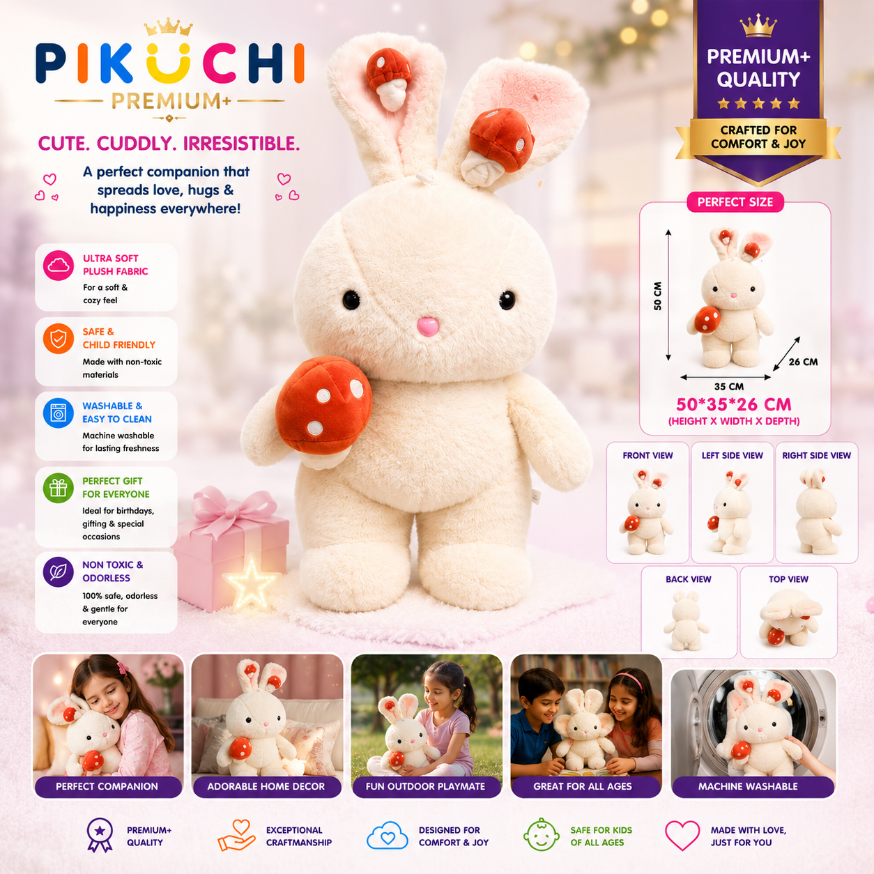 Bunny Rabbit Plush Soft Toy with Mushroom, Washable Cuddly Doll, 50cm