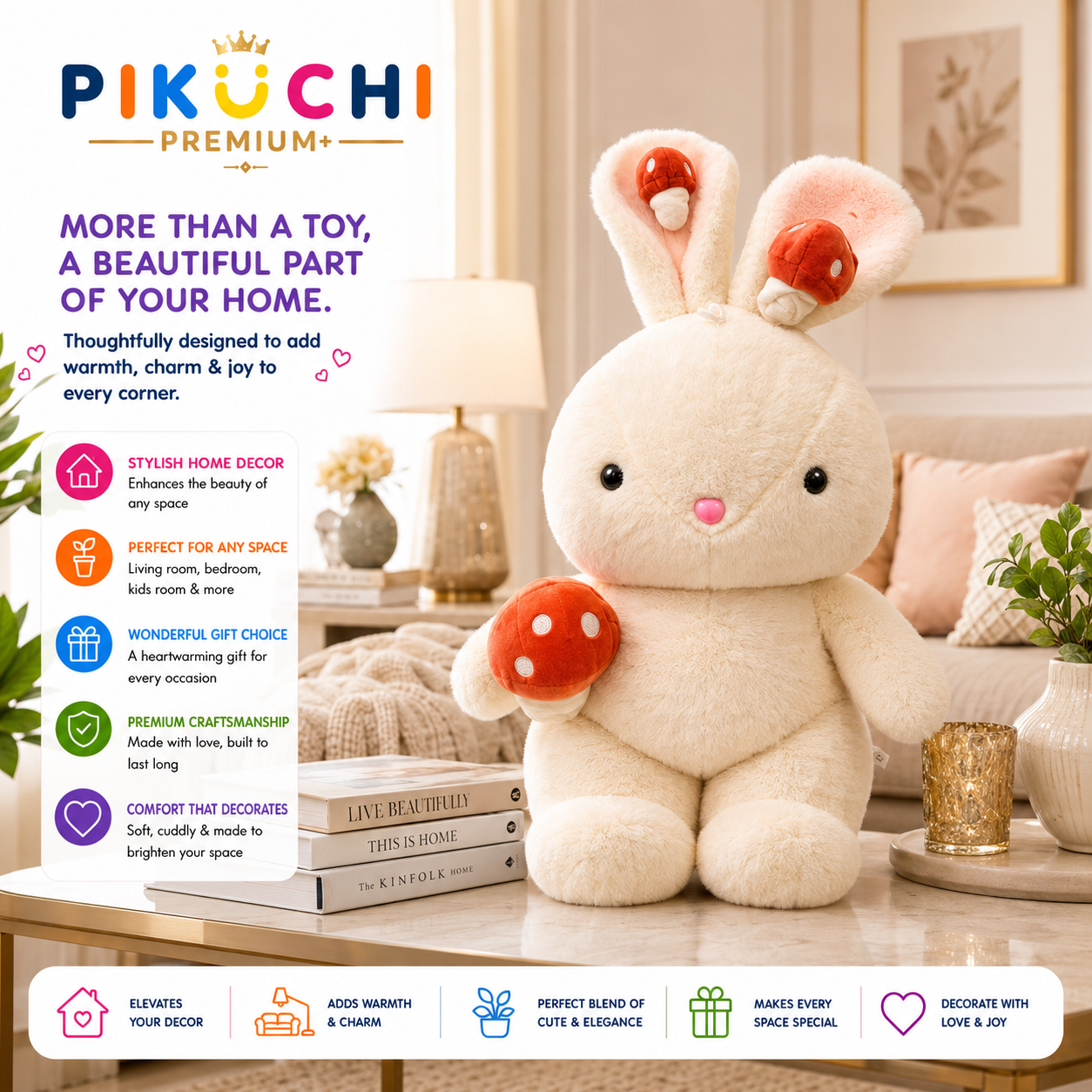 Bunny Rabbit Plush Soft Toy with Mushroom, Washable Cuddly Doll, 50cm