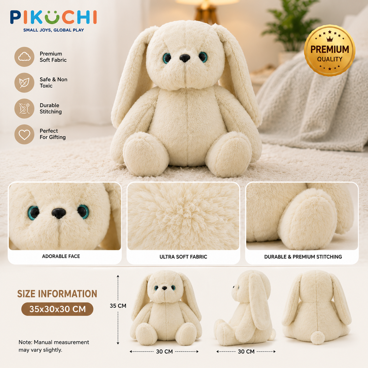 Canddy Bunny Cream White Plush Rabbit Soft Toy, 35x30x30cm