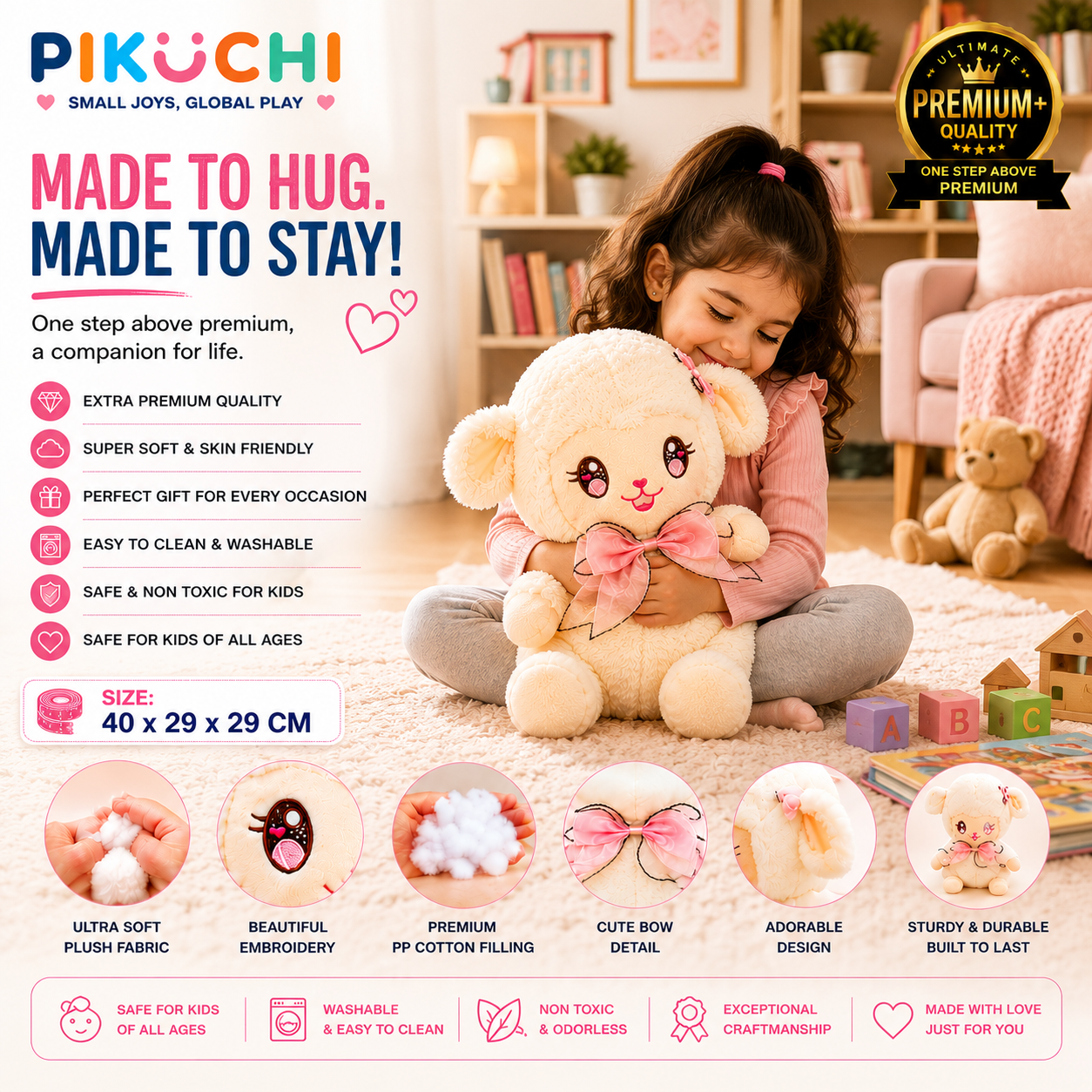Baby Lamb Plush Soft Toy, Cream Pink, Ultra Soft Washable 40cm