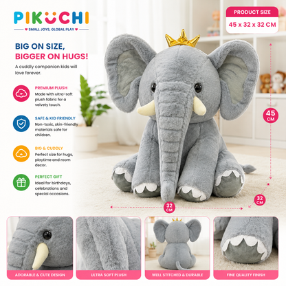 Grey Jumbo Elephant Plush Soft Toy with Bow, Washable 45cm