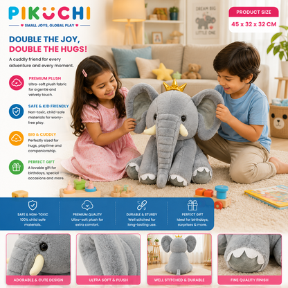 Grey Jumbo Elephant Plush Soft Toy with Bow, Washable 45cm