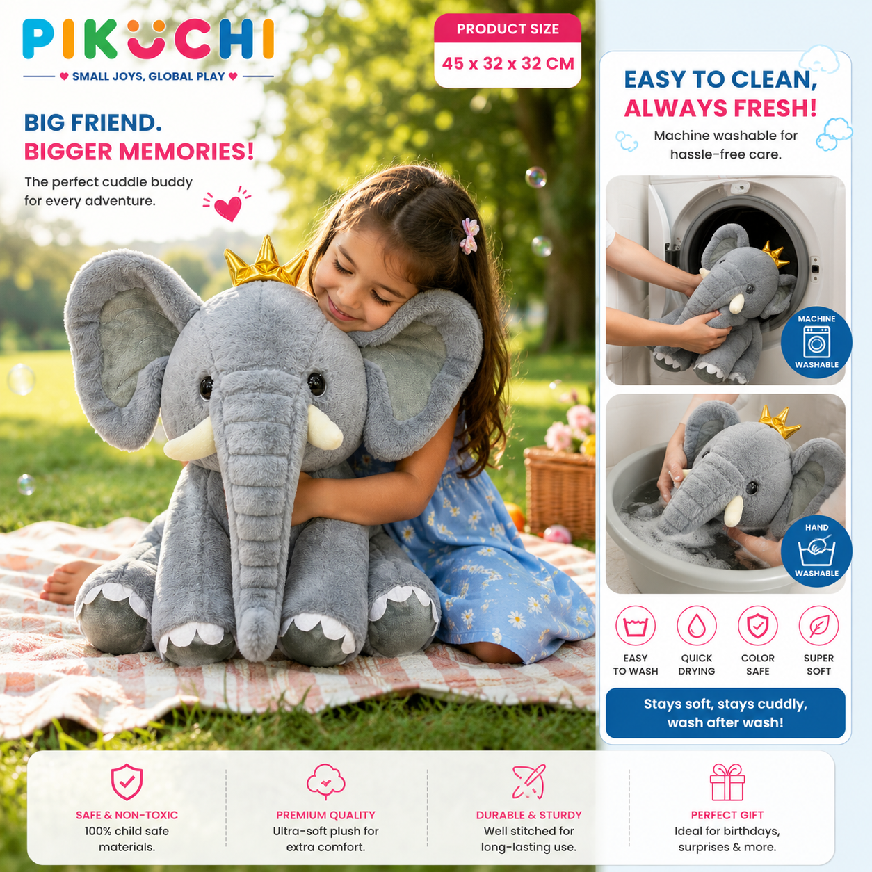 Grey Jumbo Elephant Plush Soft Toy with Bow, Washable 45cm