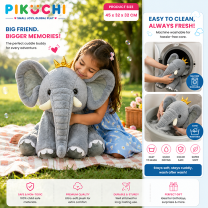 Grey Jumbo Elephant Plush Soft Toy with Bow, Washable 45cm