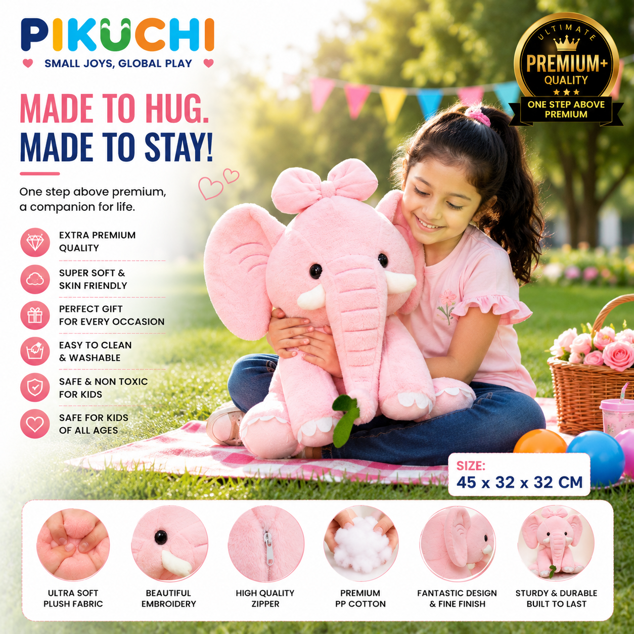 Premium Pink Elephant Plush Soft Toy for Kids & Girls, Gifting & Birthday, 45CM
