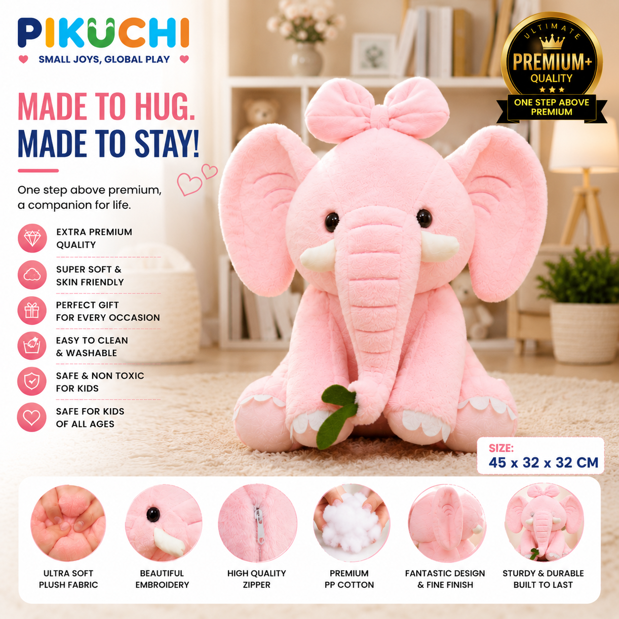Premium Pink Elephant Plush Soft Toy for Kids & Girls, Gifting & Birthday, 45CM
