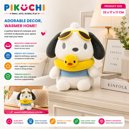 Cute Puppy Plush Toy with Duck Float & Sunglasses, White 22cm