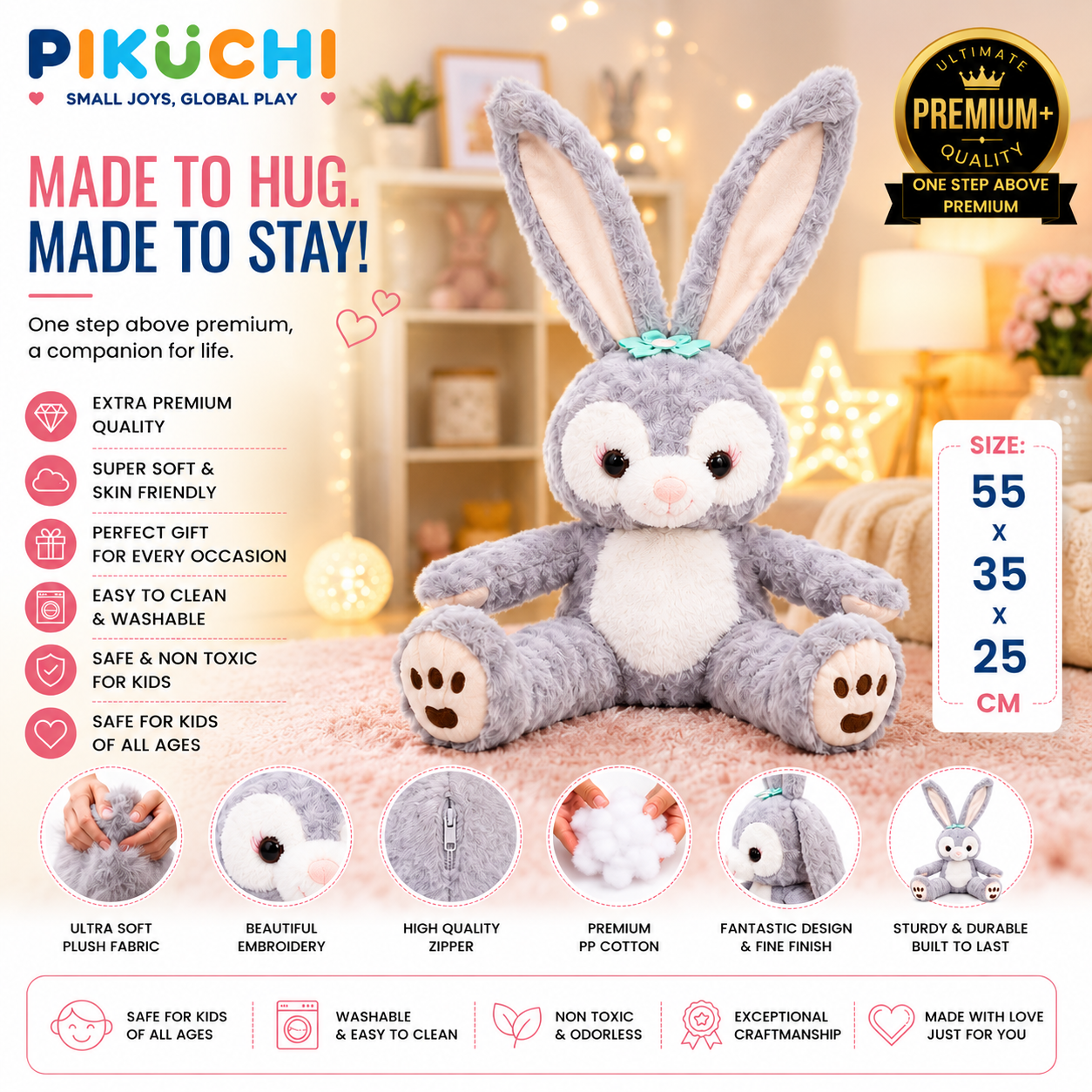 Grey Bunny Plush Soft Toy with Long Ears, Washable 55x35x25cm