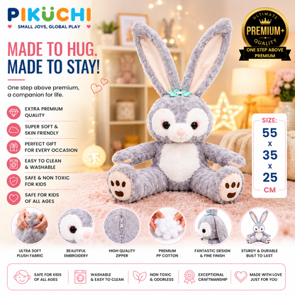 Grey Bunny Plush Soft Toy with Long Ears, Washable 55x35x25cm