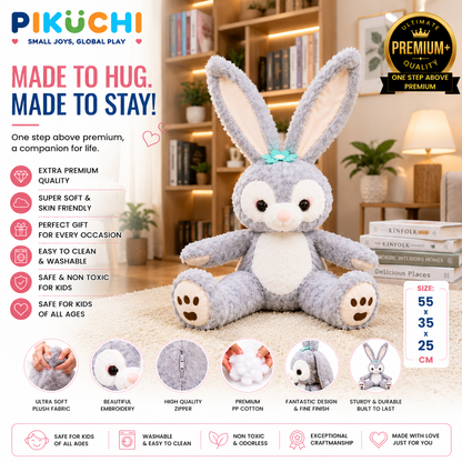 Grey Bunny Plush Soft Toy with Long Ears, Washable 55x35x25cm