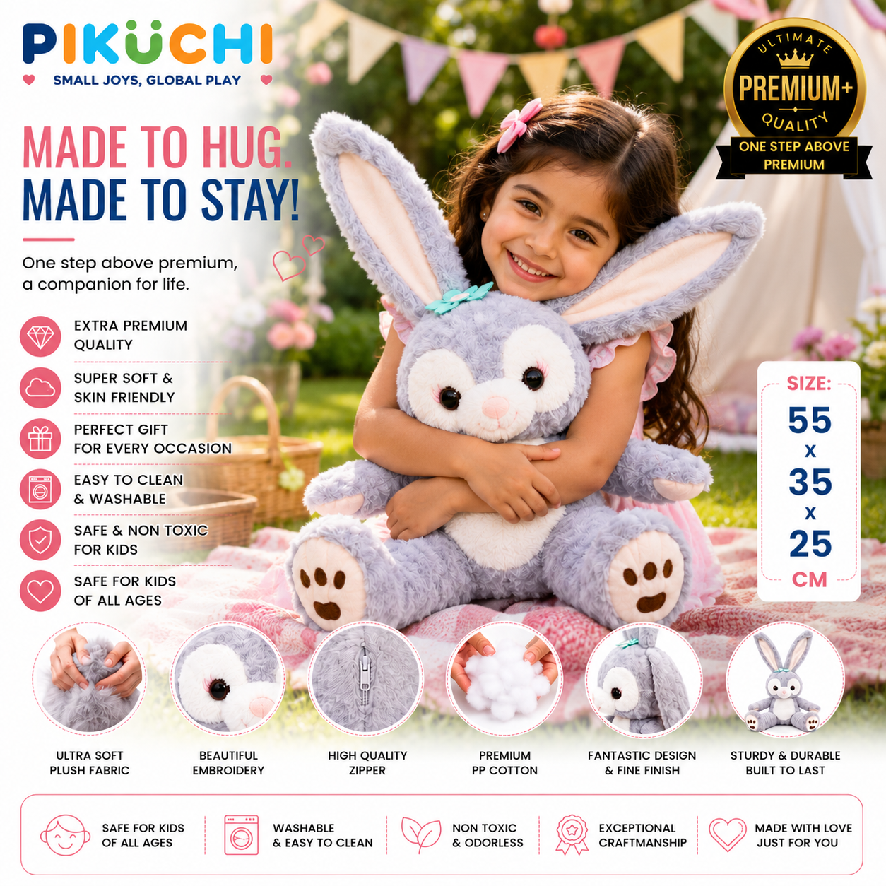 Grey Bunny Plush Soft Toy with Long Ears, Washable 55x35x25cm