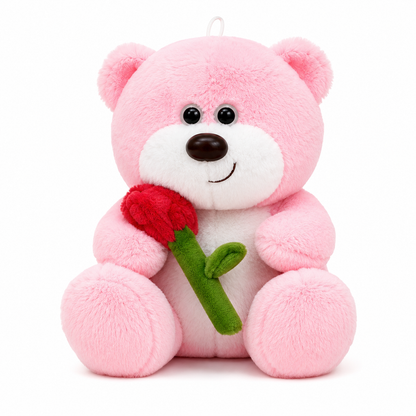 Baby Pink Teddy Bear Plush Toy with Rose Flower, 30cm