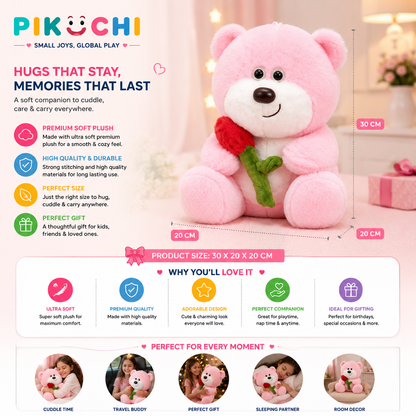 Baby Pink Teddy Bear Plush Toy with Rose Flower, 30cm