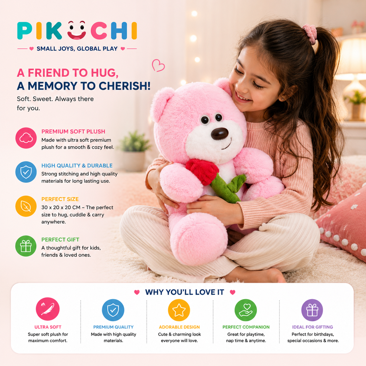 Baby Pink Teddy Bear Plush Toy with Rose Flower, 30cm