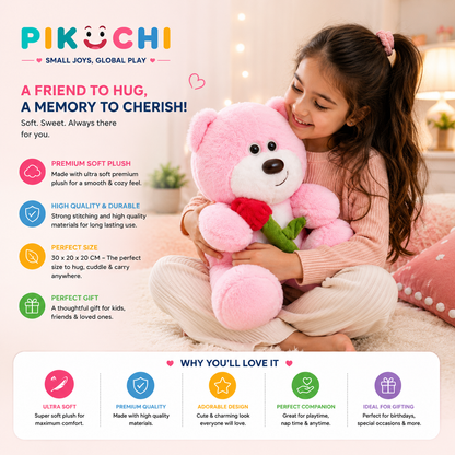 Baby Pink Teddy Bear Plush Toy with Rose Flower, 30cm