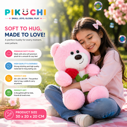 Baby Pink Teddy Bear Plush Toy with Rose Flower, 30cm