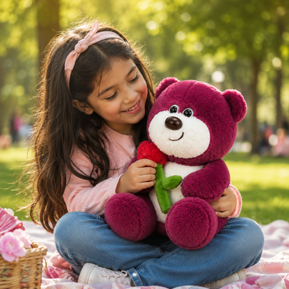 Red Teddy Bear Plush Soft Toy with Rose Flower, 30cm