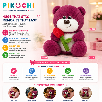 Red Teddy Bear Plush Soft Toy with Rose Flower, 30cm