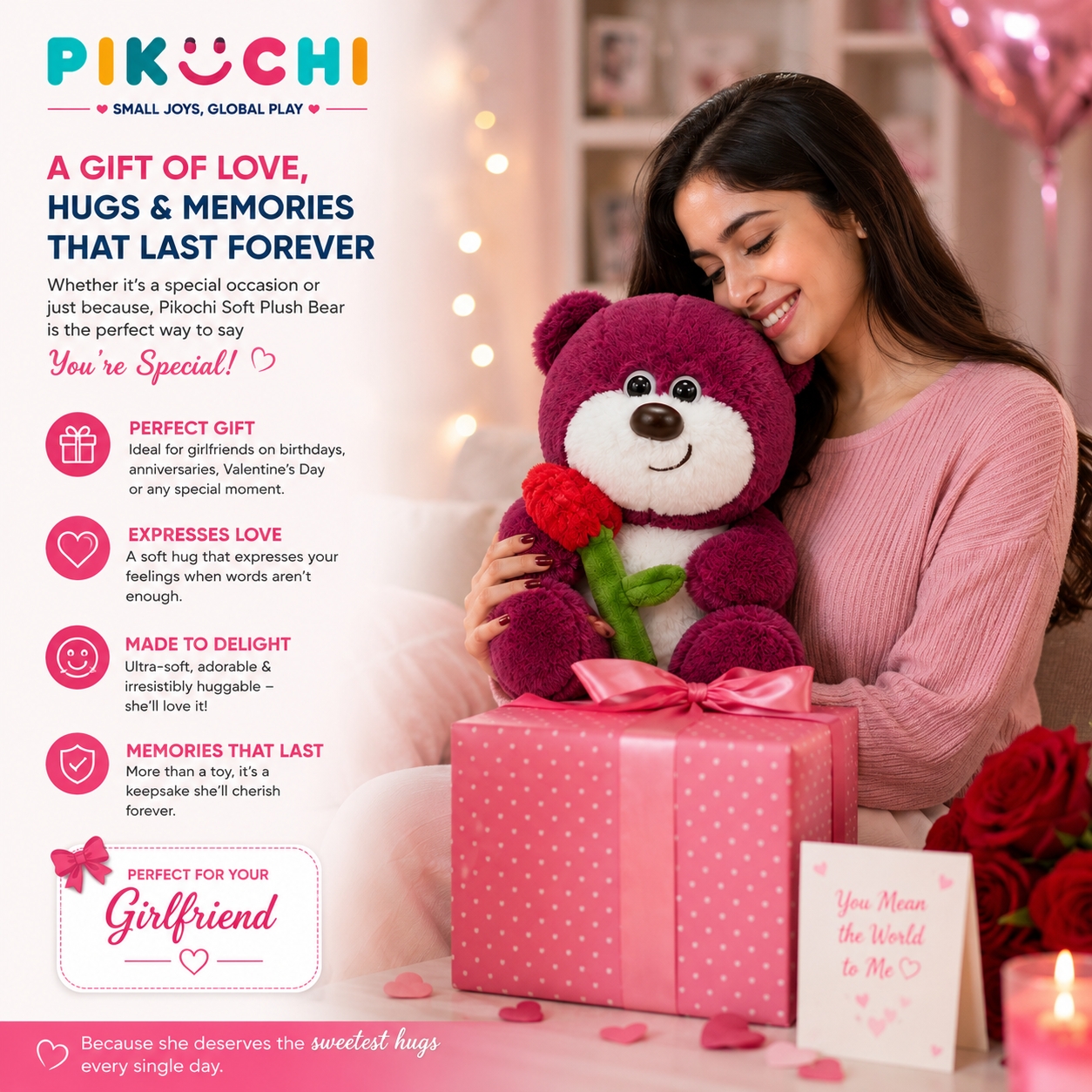 Red Teddy Bear Plush Soft Toy with Rose Flower, 30cm