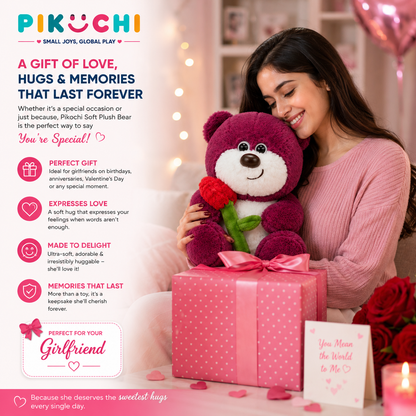 Red Teddy Bear Plush Soft Toy with Rose Flower, 30cm