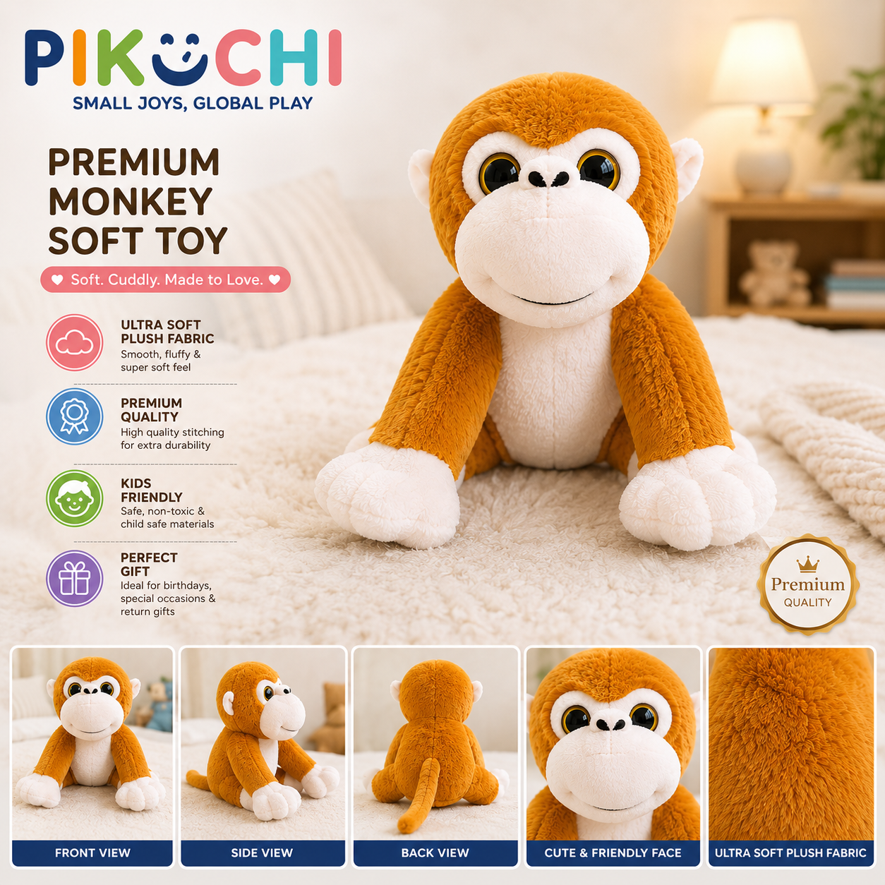 Cute Monkey Plush Soft Toy, Orange Stuffed Animal, 25cm