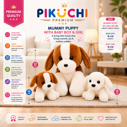 Mummy Puppy Plush Toy Set of 3, Washable Dog Family, 31x26x22cm