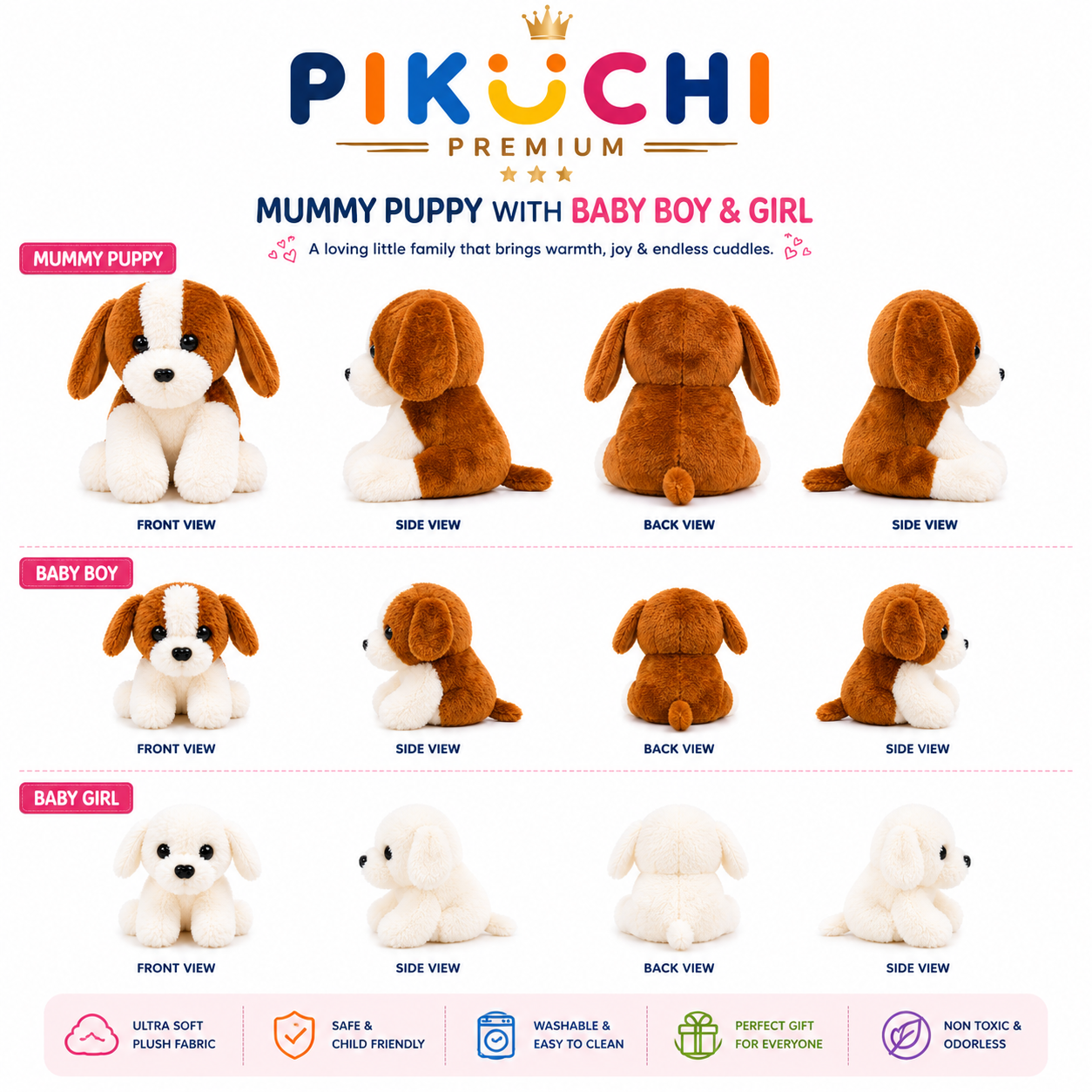 Mummy Puppy Plush Toy Set of 3, Washable Dog Family, 31x26x22cm