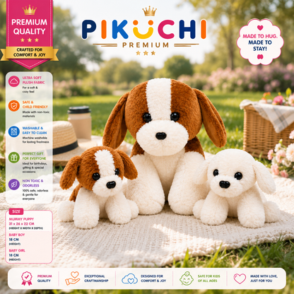 Mummy Puppy Plush Toy Set of 3, Washable Dog Family, 31x26x22cm