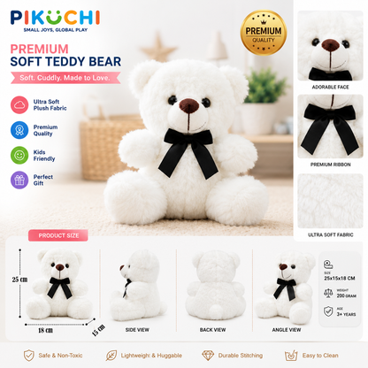 White Teddy Bear Plush Toy with Bow Tie, Washable 25cm