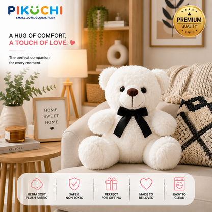 White Teddy Bear Plush Toy with Bow Tie, Washable 25cm