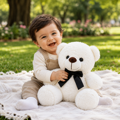 White Teddy Bear Plush Toy with Bow Tie, Washable 25cm