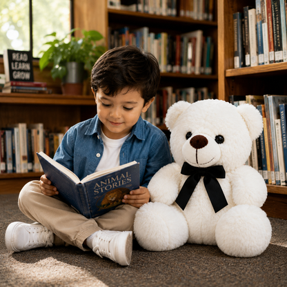 White Teddy Bear Plush Toy with Bow Tie, Washable 25cm