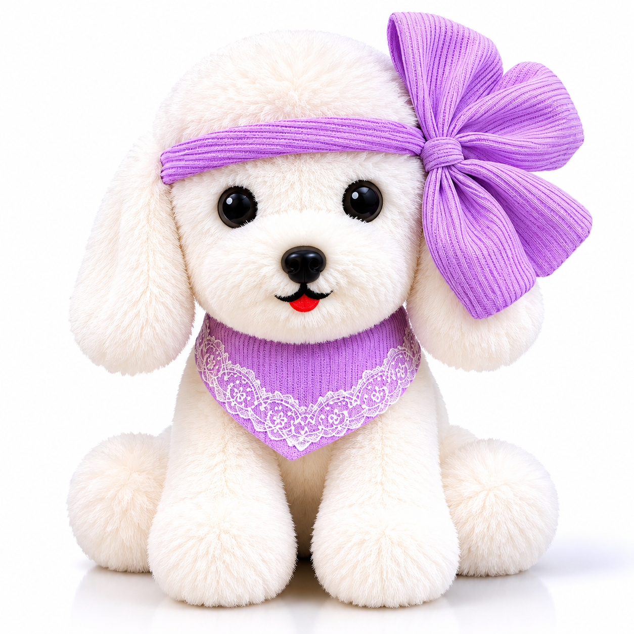 White Puppy Plush Toy with Purple Bow & Scarf, Washable 38x32x27cm
