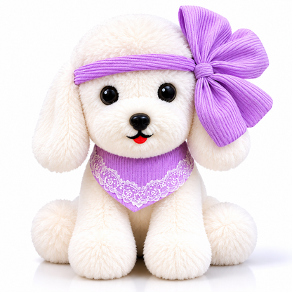 White Puppy Plush Toy with Purple Bow & Scarf, Washable 38x32x27cm