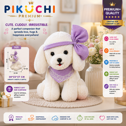 White Puppy Plush Toy with Purple Bow & Scarf, Washable 38x32x27cm