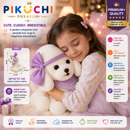 White Puppy Plush Toy with Purple Bow & Scarf, Washable 38x32x27cm