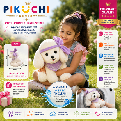 White Puppy Plush Toy with Purple Bow & Scarf, Washable 38x32x27cm