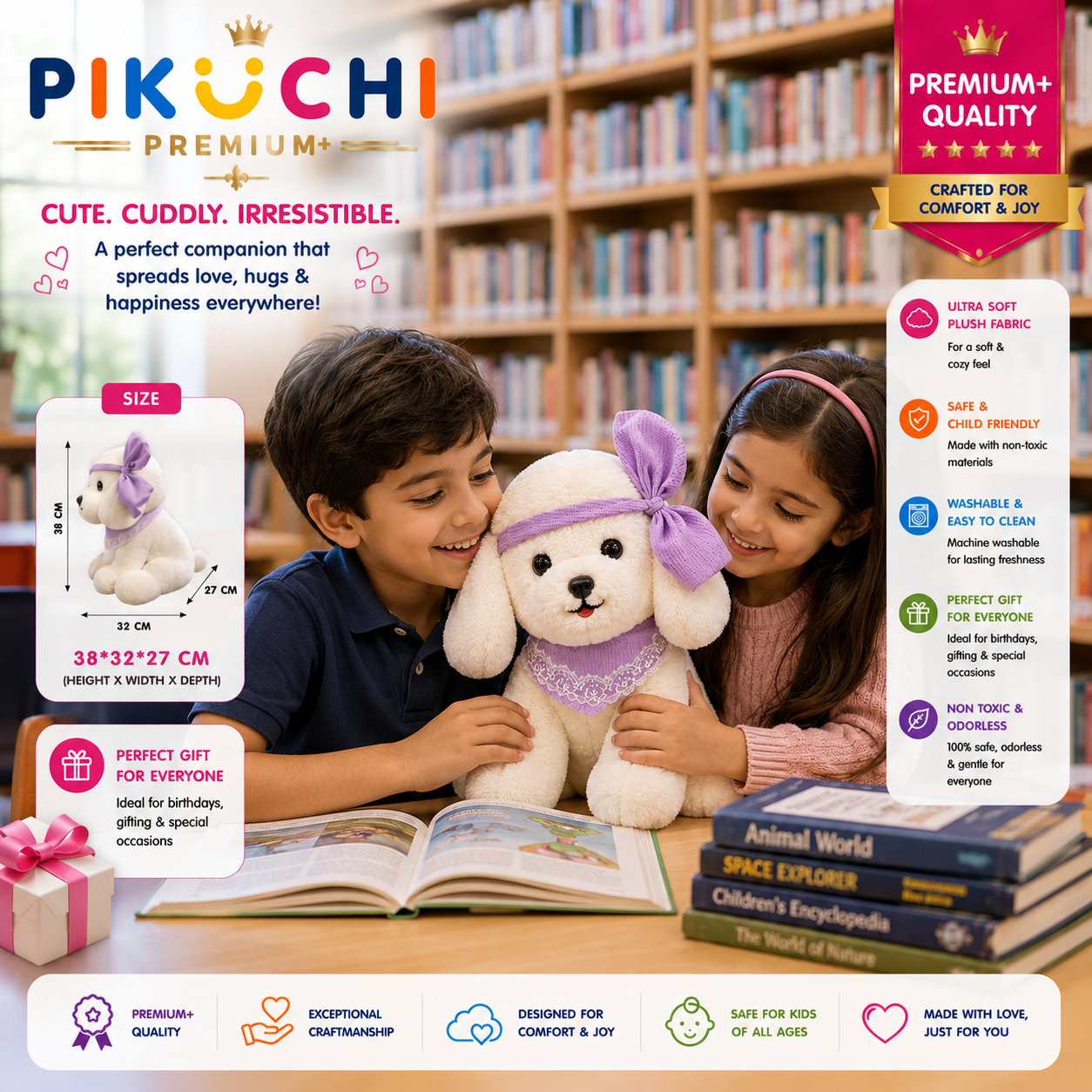 White Puppy Plush Toy with Purple Bow & Scarf, Washable 38x32x27cm