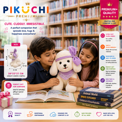 White Puppy Plush Toy with Purple Bow & Scarf, Washable 38x32x27cm